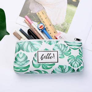 Green leaf student leather pencil case