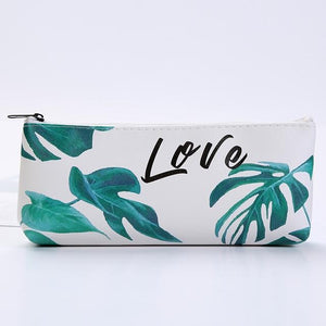 Green leaf student leather pencil case